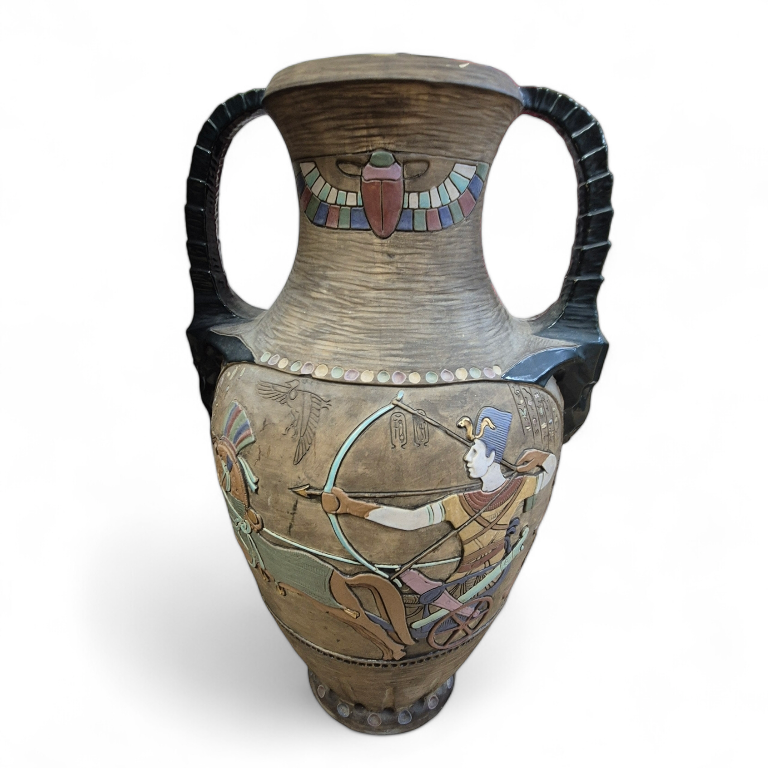 Attributed to Julius Dressler, a large Austrian cold painted terracotta Egyptian revival vase, c.1925, 62cm. Condition- good